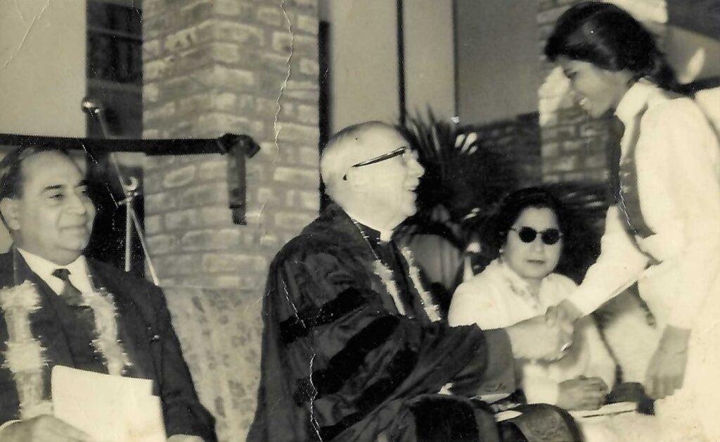 Receiving all round “Best Girl”’s Award in 1965 from Bishop Hobart Amstutz, Bishop of the United Methodist Church (1964-68) at Lucie Harrison Girls High School’s Annual Function. He was also the first Principal of Trinity Theological College from where Khushnud received her Bachelors of Divinity -1974-1977
